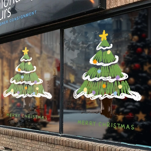 Christmas Tree Window Sticker Static Cling PVC Reusable Glass Decal For Holiday Home Store Decor Hand Drawn Green