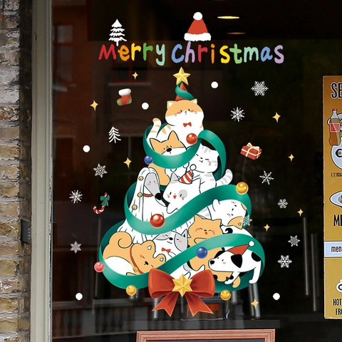 Weihnachten Fensteraufkleber Statisch Haftend PVC Wiederverwendbar Cartoon Katzen Und Hunde Baum Glas Deko