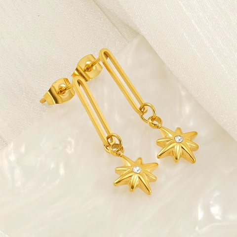 Eight Pointed Star Dangle Earrings Stainless Steel 18K Gold Plated Zircon Inlay French Vintage Style Jewelry Women