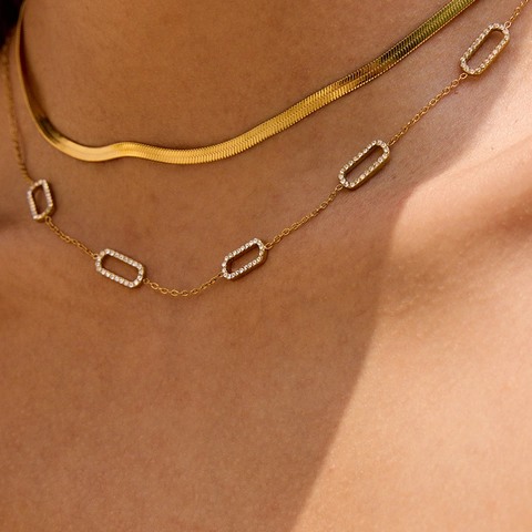 Stainless Steel Double Layered Necklace With Rhinestone Rectangular Pendants And Snake Chain Gold Plated Fashion Jewelry For Women