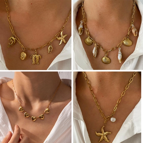 Collar con Colgante de Acero Inoxidable 316L Chapado en Oro 18K Vida Marina Corazón Concha Perla de Agua Dulce Mujer