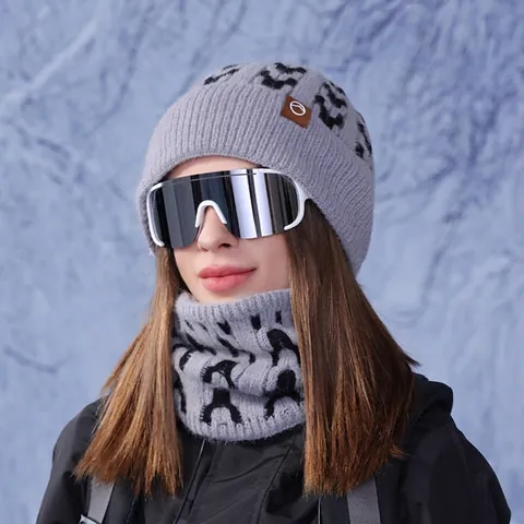 Women Winter Knitted Beanie Hat And Neck Warmer Scarf Fleece Lined Warm Windproof Outdoor Skiing Jacquard Acrylic