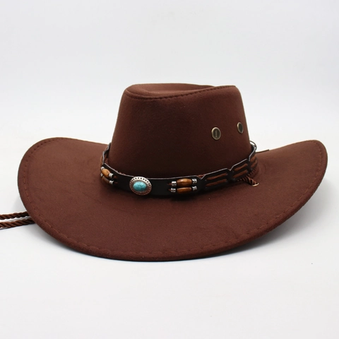 Cappello Da Cowboy Occidentale In Feltro Etnico Vintage Turchese Pelle Perline Di Legno Decor Bordo Curvo Jazz Per Uomini Donne