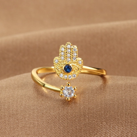 Bohemian Evil Eye Hamsa Hand Open Ring For Women Adjustable Copper Zirconia Gold Silver Plated Finger Ring Jewelry Gift