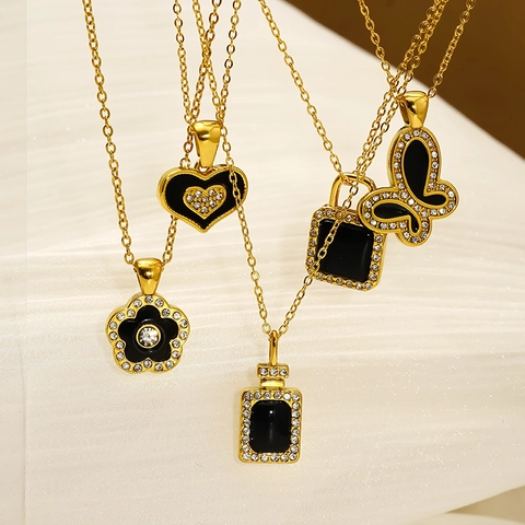 Schmetterling Herz Blume Anhänger Halskette 18K Vergoldet Edelstahl Schwarz Emaille Mikro Pave Strass Schmuck