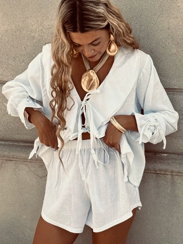 Women Cotton Ruffle Tie Front Long Sleeve Shirt And Shorts Casual Vacation Solid Color Outfits
