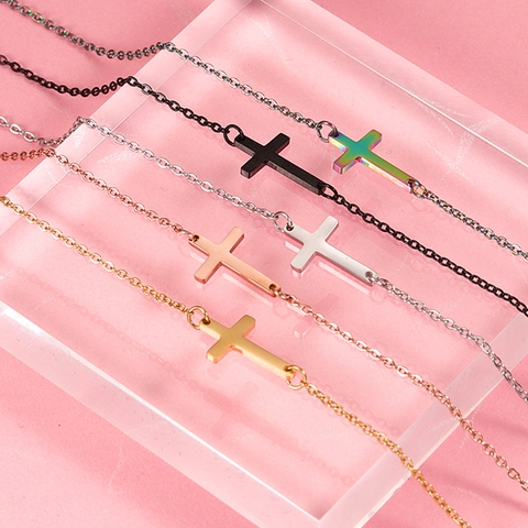 Spiegelgepolijst Roestvrijstalen Horizontale Kruis Hanger Ketting Minimalistische Titanium Sieraden Voor Dames En Heren
