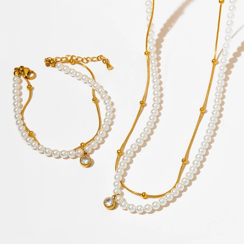 Collana E Bracciale Doppio Strato In Acciaio Inossidabile Künstliche Perle Bianche Zirconia Ciondolo Rotondo Gioielli