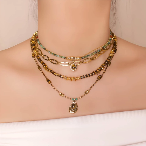 Parure Collier de Perles Oeil de Tigre Français Vintage pour Femmes Acier Inoxydable Fait à la Main Pendentif Rond Superposé Bijoux