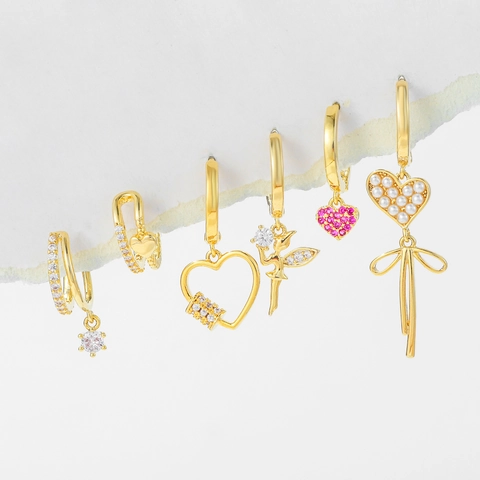 Set di 6 Paia di Orecchini a Bottone a Forma di Fiocco Cuore e Fata per Donna in Rame con Strass e Perle Artificiali Cerchi Gioielli di Moda Regalo