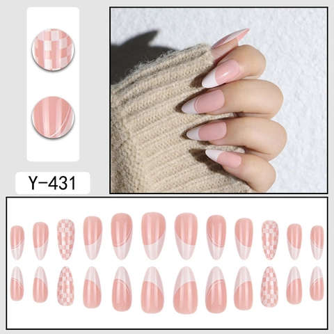 Faux Ongles Amande À Presser Rose Blanc Damier Mosaïque Brillant Ongles Artificiels Pour Femmes Style Simple