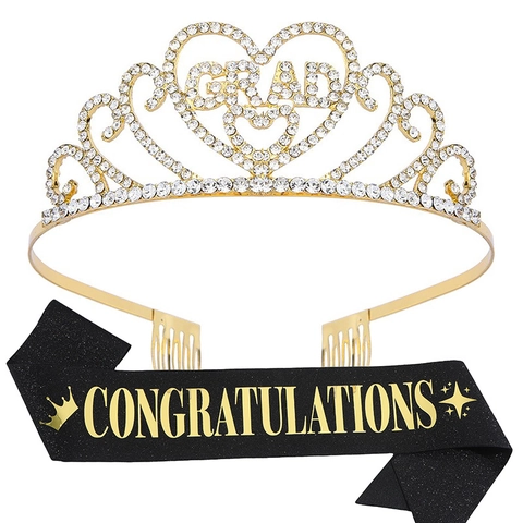 Abschluss Tiara Und Congratulations Schärpe Legierung Strass Krone Glitzer Stoff Kopfschmuck Party Zubehör Für Frauen
