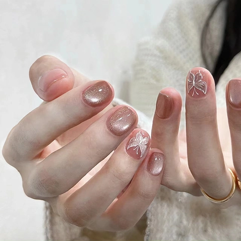 Short Champagne Cat Eye Press On Nails White Butterfly Pattern Round Square Fake Nails For Women