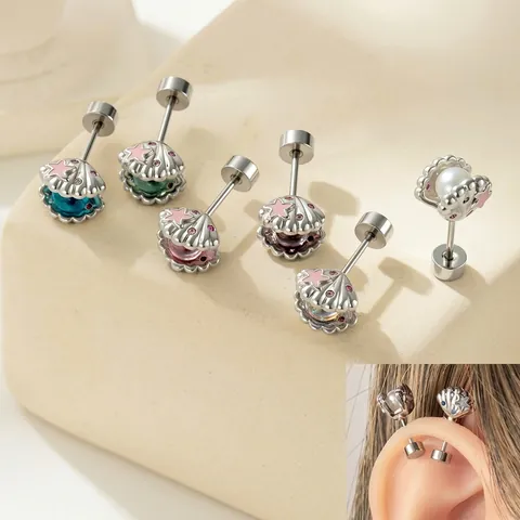 Marine Shell Starfish Ear Cartilage Stud Titanium Steel Screw Back Zirconia Enamel Piercing Jewelry For Women