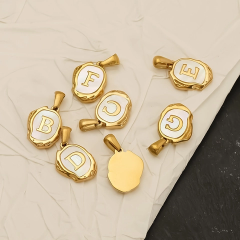 Initial Letter Pendant 304 Stainless Steel 18K Gold Plated Mother Of Artificial Pearl Inlay Alphabet Charm Irregular Lava Style