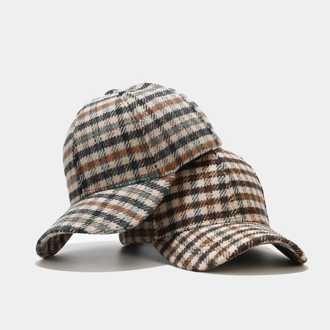 Retro Plaid Baseball Cap Vintage Checkered Woolen Texture Adjustable Sunshade Hat Autumn Winter Unisex