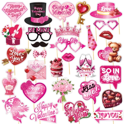 Valentine's Day Party Photo Booth Props Set Heart Shape Photo Frame Pink Red Cardboard Lips Glasses Party Decorations