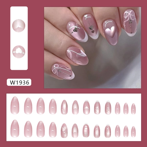 Unghie Finte Press On Effetto Occhio Di Gatto Forma Mandorla Con Cuore Fiocco 3D Stile Dolce Plastica ABS Donna