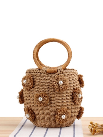 Handgefertigte Papierseil Gewebte Beuteltasche Blume Künstliche Perle Runder Holzgriff Sommer Strand Urlaub Damen Handtasche