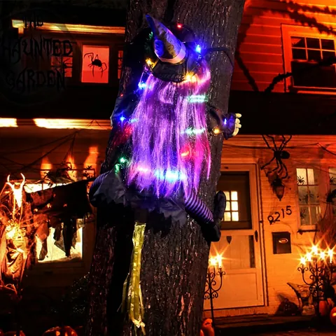 Halloween Krachende Hexe Dekoration LED Beleuchtung Außen Baum Ornament Requisite Lila Haare Gestreifte Strümpfe Nylon Stoff Gruselig