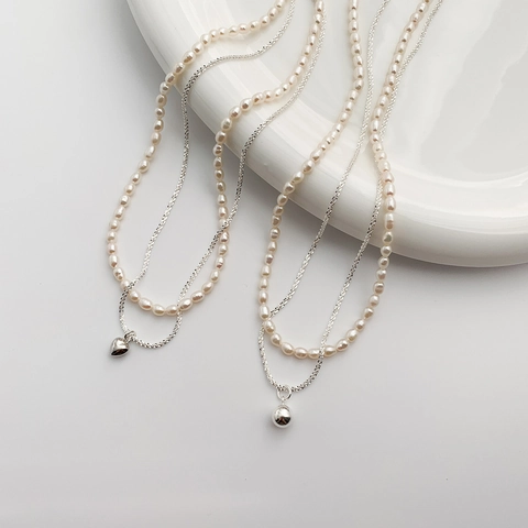 Natural Freshwater Pearl Double Layer Necklace For Women Baroque Pearl Heart Round Ball Pendant Clavicle Chain Jewelry Gift