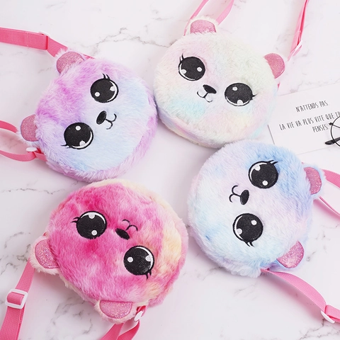 Kids Plush Crossbody Bag Cute Cartoon Panda Bear Tie-Dye Gradient Soft Faux Fur Shoulder Purse For Little Girls