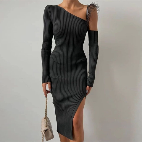 One Shoulder Maxi Dress Long Sleeve Ribbed Knit High Slit Asymmetric Feather Trim Solid Color Slim Fit Streetwear Women