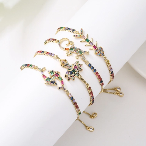 Adjustable Slider Bracelet Copper Gold Plated Colorful Zircon Gecko Dolphin Ballet Dancer Charm Jewelry For Women