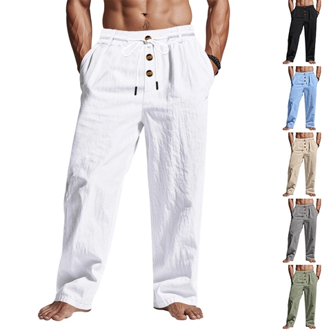 Men American Casual Linen Blend Pants Loose Straight Drawstring Beach Trousers With Button Decoration Breathable Bottoms