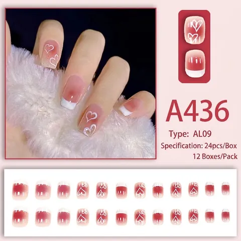 Press On Nails Pink Gradient Blush French Tip White Heart Gold Glitter Square Artificial False Nails With Glue