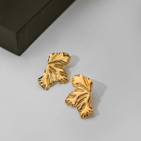 Alloy Leaf Stud Earrings Minimalist Irregular Metal Wrinkled Petal Shape Vintage Fashion Jewelry For Women