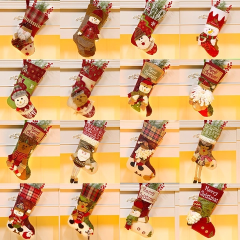 Chaussette De Noël Sac Cadeaux Bonbons Avec Père Noël Bonhomme De Neige Renne 3D Peluche Toile De Jute Pendentif Arbre