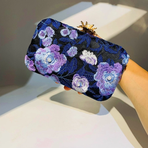 Pochette Da Sera Ricamata Floreale Borsa Con Künstliche Perle Raso Artificiale Manico Anello Metallo Dorato Tracolla Catena Matrimonio