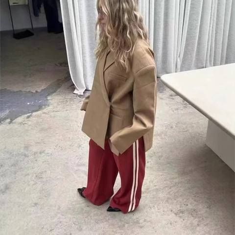 Blazer Oversize Da Donna Giacca Poliestere Revers Spacco Laterale Spalline Monopetto Autunno Inverno Vestibilità Comoda