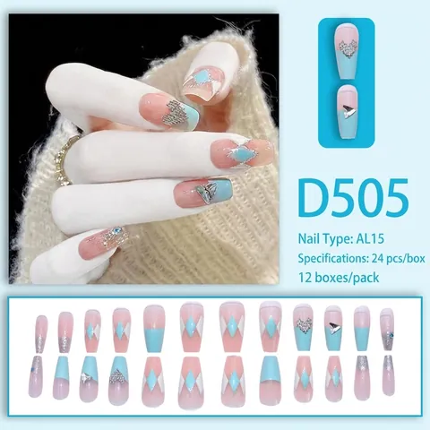 Lange Coffin Kunstnagels Blauw Wit Gradiënt Franse Stijl Met Hart Diamant Strass Charmante Kunstmatige Vingernagels