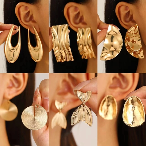 European American Fashion Geometric Alloy Earrings For Women Retro Minimalist Gold Silver Plated Hoop Stud Ear Jewelry
