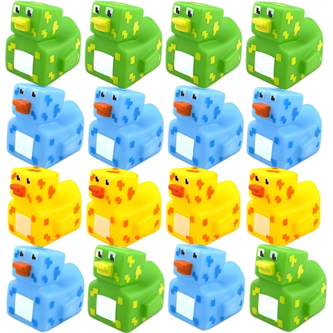 Pixelated Square Rubber Duck Bath Toys Soft Vinyl Squeaky Tub Play Game For Toddlers Kids Colorful Cube Shape