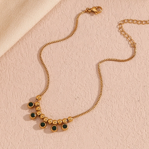 Vintage Edelstahl 18K Vergoldetes Fußkettchen Für Damen Grüne Strass Perlen Venezianerkette Verstellbarer Fußschmuck