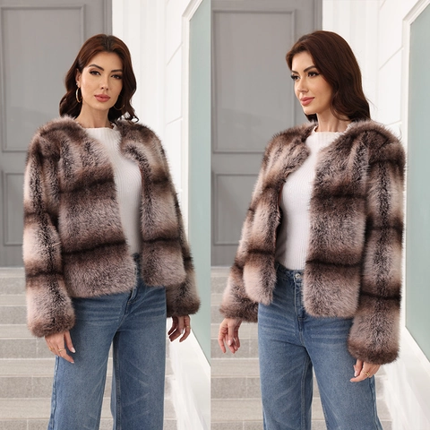 Cappotto In Ecopelliccia Donna Righe Sfumate Giacca Corta Maniche Lunghe Girocollo Inverno Autunno Caldo Streetwear