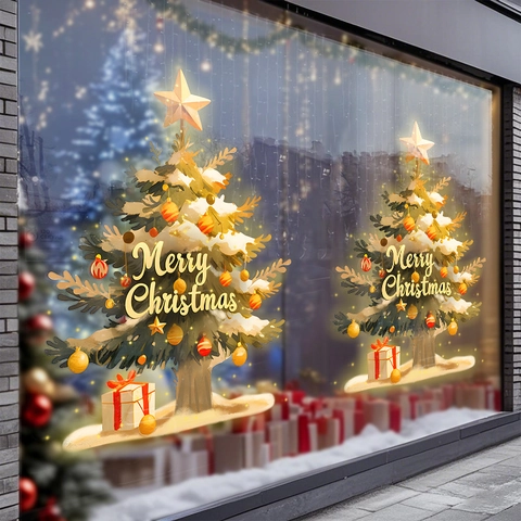Christmas Tree Window Stickers Static Cling PVC Decals Double Sided For Glass Shop Festive Holiday Decor Novelty