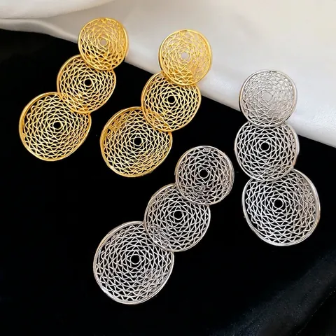 Triple Hollow Round Drop Earrings With 925 Sterling Silver Earring Post Geometric Alloy Textured Jewelry For Women