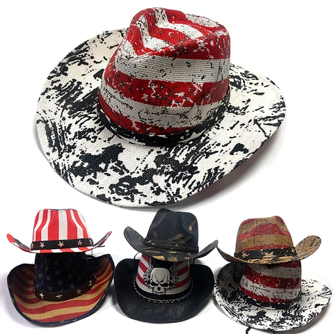 Westerse Cowboy Strohoed Handgeschilderd Amerikaanse Vlag Stars and Stripes Distressed Brede Rand Zonnehoed Voor Volwassenen Buiten