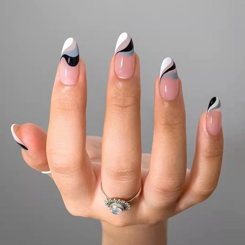 Press On Nails Forme Amande Design Ondulé Encre Abstrait Base Rose Nude Faux Ongles Manucure Pour Femmes