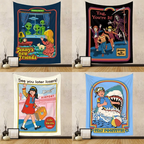 Retro Comic Tapestry Wall Hanging Polyester Pop Art Cartoon Background Cloth Bedroom Dorm Decor Stay Positive Pattern