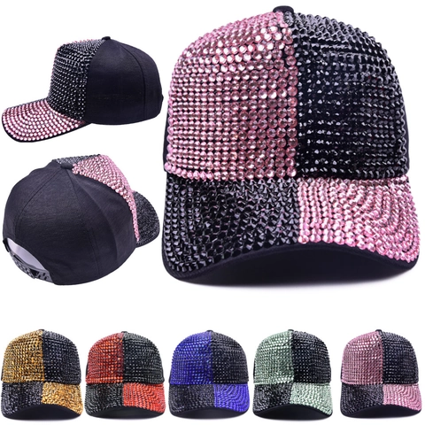 Gorra De Béisbol Con Pedrería Algodón Brillante Tablero De Ajedrez Bloque De Color Ajustable Snapback Sombrero Unisex