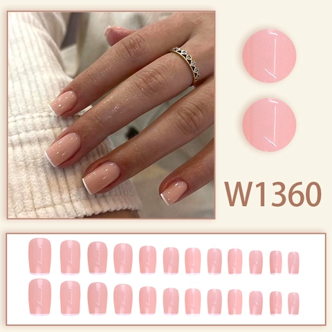 French Style Press On Nagels Kort Vierkant Roze Wit Glanzend Elegante Kunstnagels Voor Dames Dagelijkse Salonlook