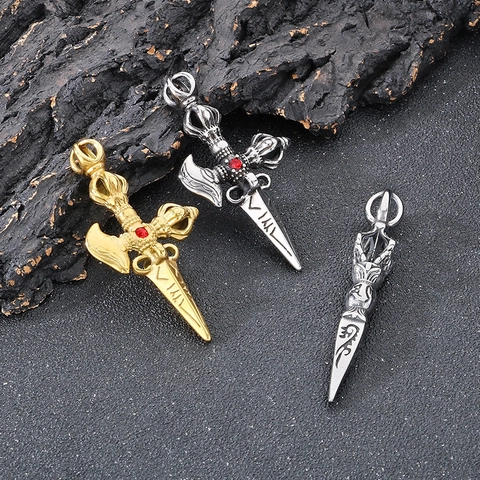 Collar Con Colgante Vajra De Acero Inoxidable Vintage Punk Con Piedra Roja Para Hombre Joyas Religiosas Phurba Goth