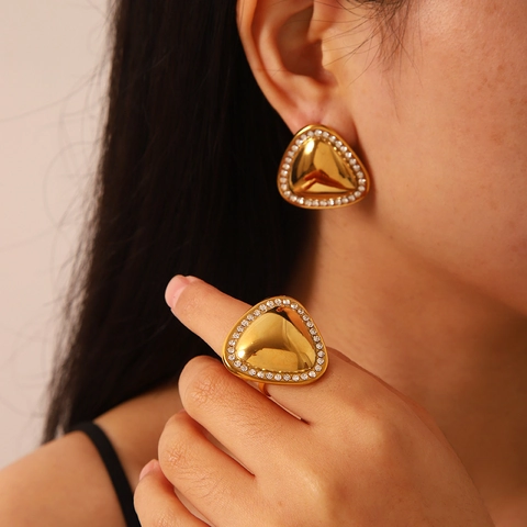 Geometric Triangle Rhinestone Earrings And Adjustable Ring Stainless Steel PVD Gold Plated Fashion Jewelry For Women