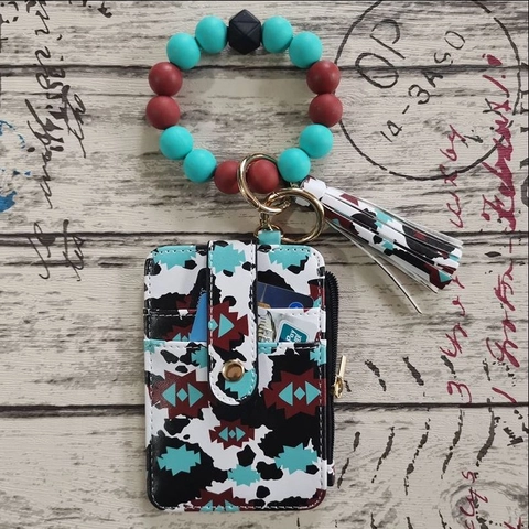 Keychain Card Holder Wallet With Silicone Bead Wristlet Bracelet And Tassel PU Leather For Women Travel Office