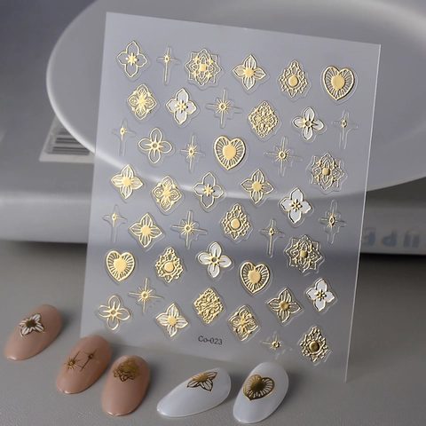 Embossed Nail Art Stickers Gold Foil Vintage French Rose Star Patterns Waterproof Self Adhesive Decals For Women